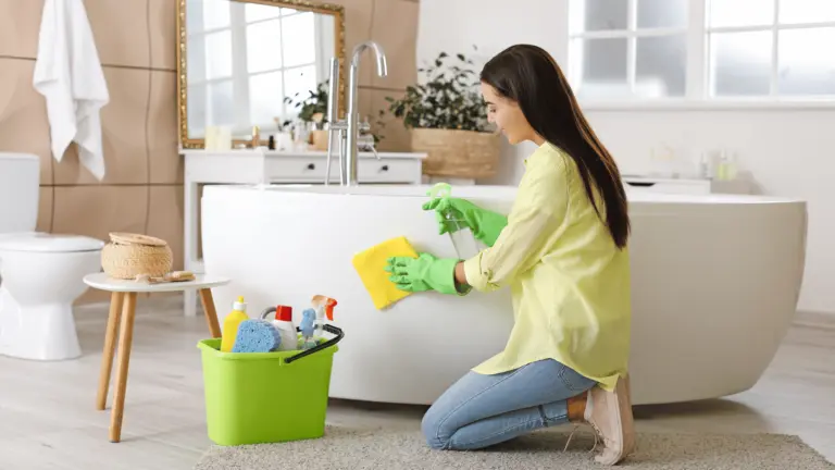 banyo nasıl temizlenir adım adım banyo temizliği yapan kişi