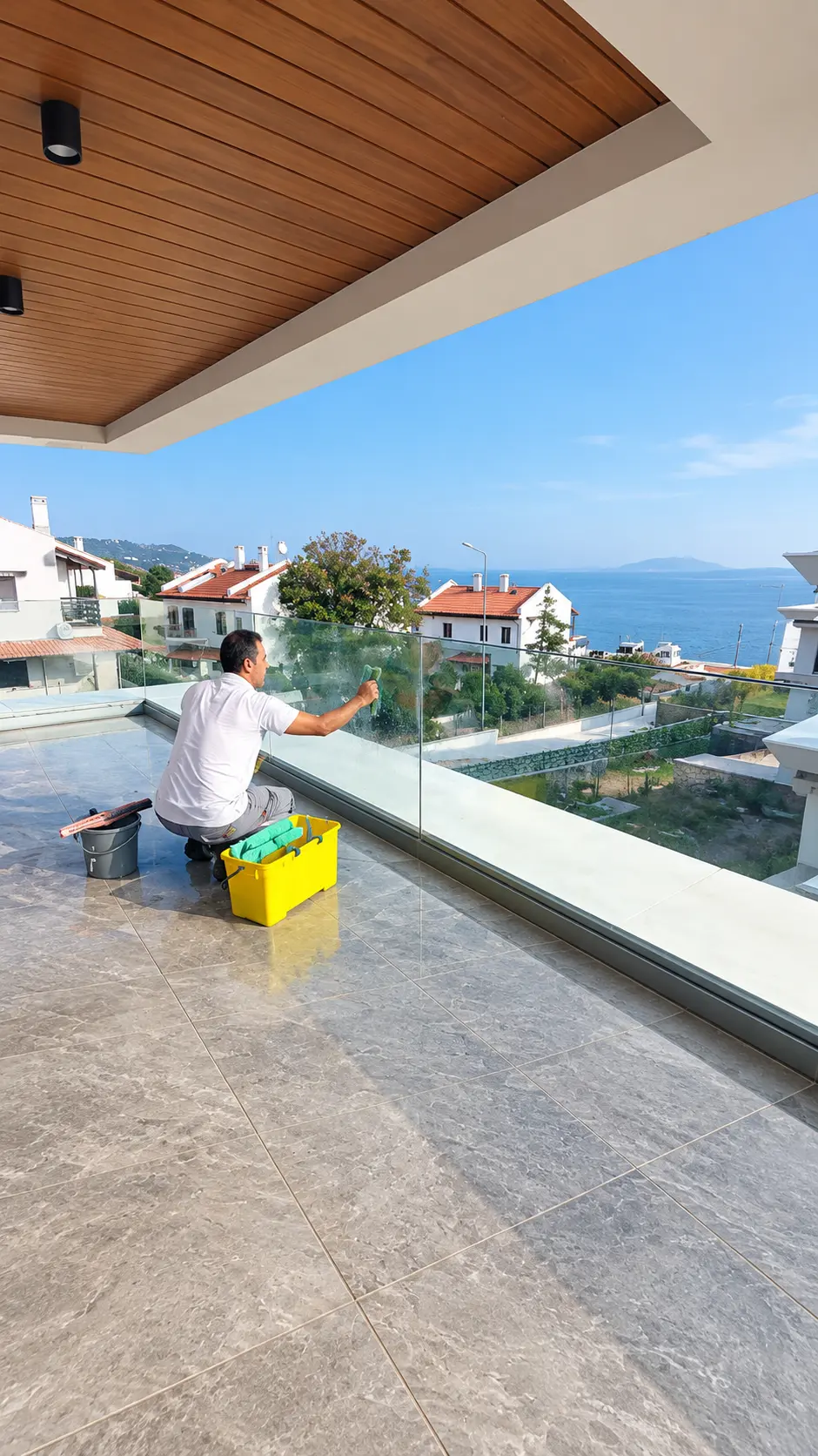 Boş Ev Temizliği İzmir 5 Deniz Manzarali Terasta Cam Temizligi